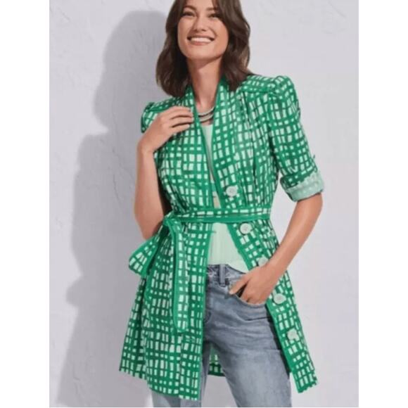 CaBi CIRCUIT Green White Plaid Linen Rayon Belted Jacket Coat - Picture 7 of 7